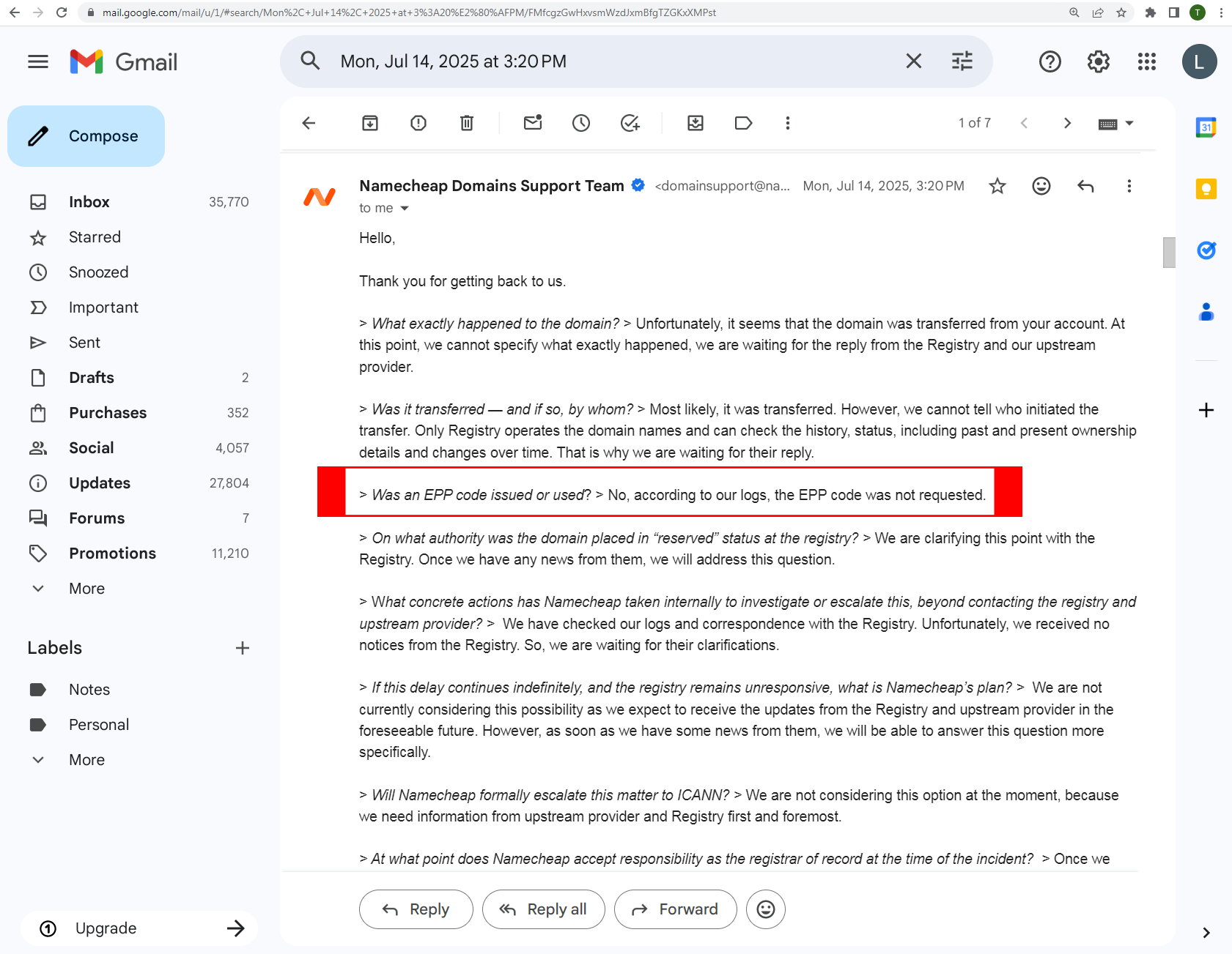 EPP Code Was Not Requested