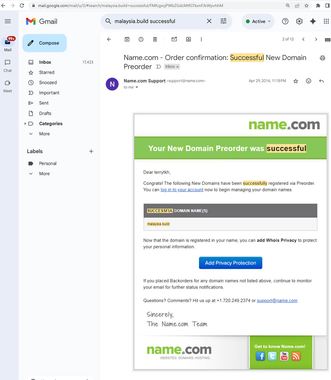 2014 NAME.COM Successful Preorder Registration