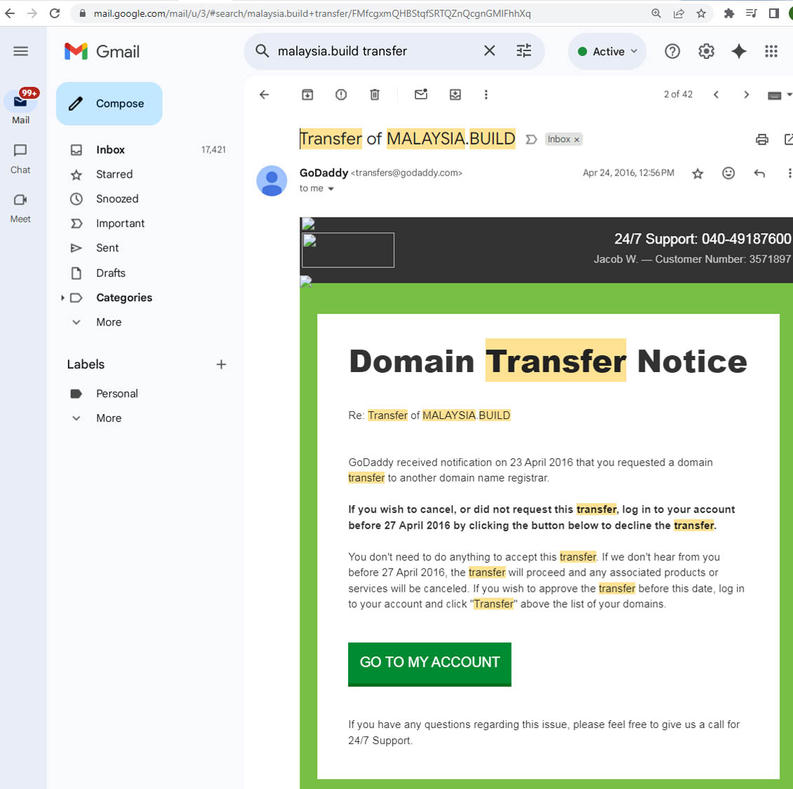 2016 Transfer of malaysia.build from GoDaddy to Namecheap