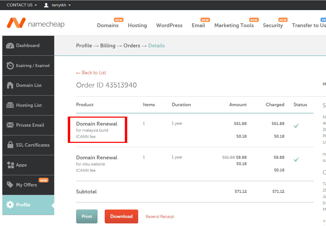 2018 Renewal of malaysia.build with Namecheap