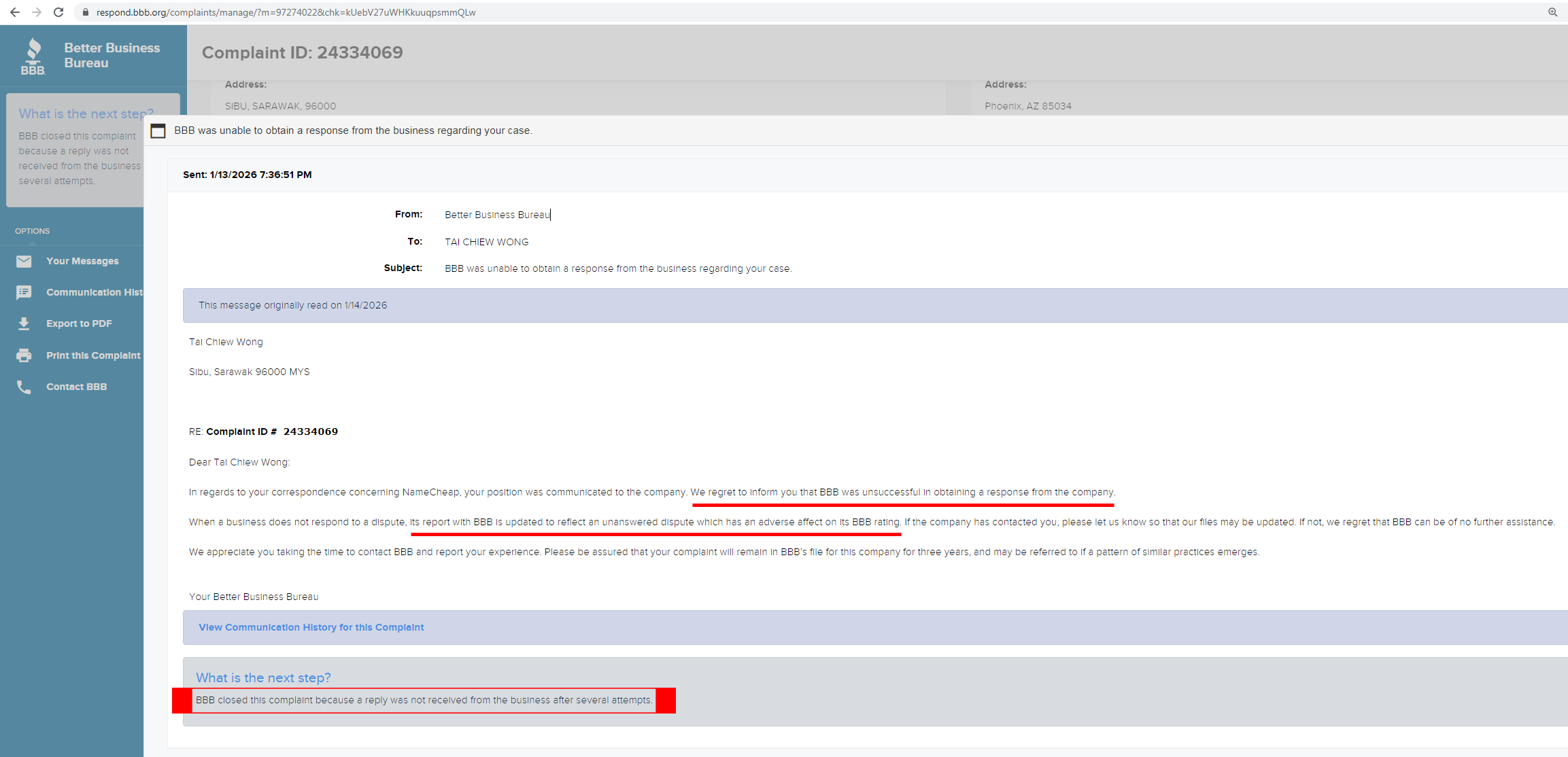 BBB Got No Response From Namecheap