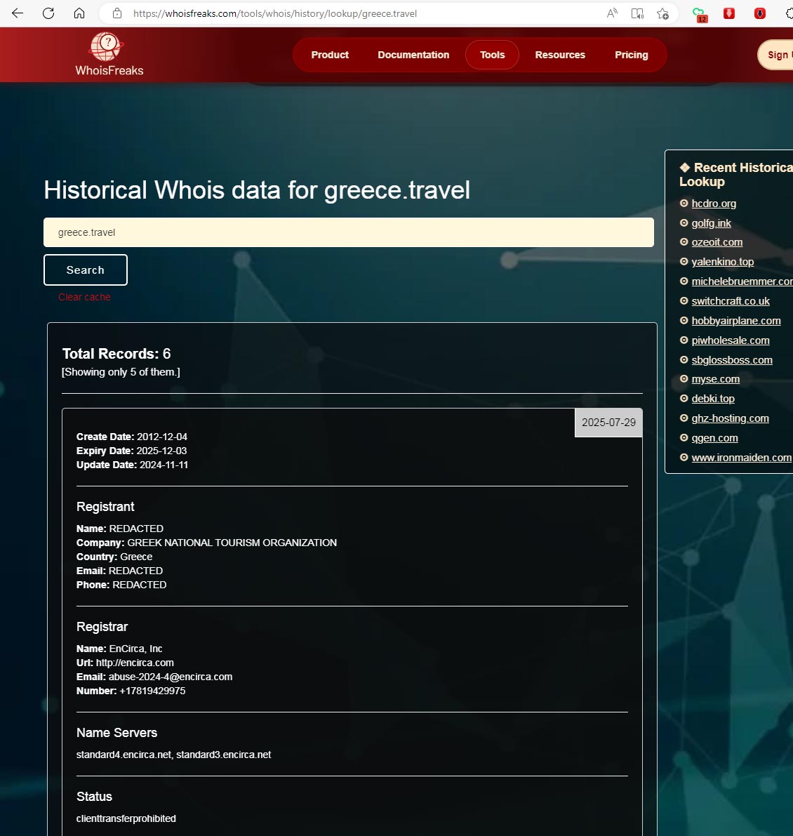 Historical Whois data for greece.travel
