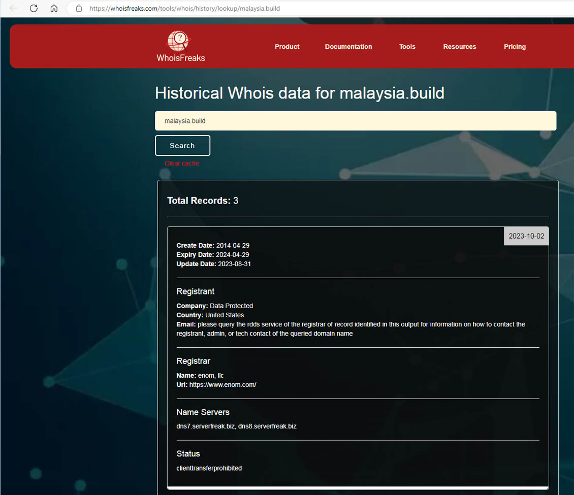 Historical Whois data for malaysia.build