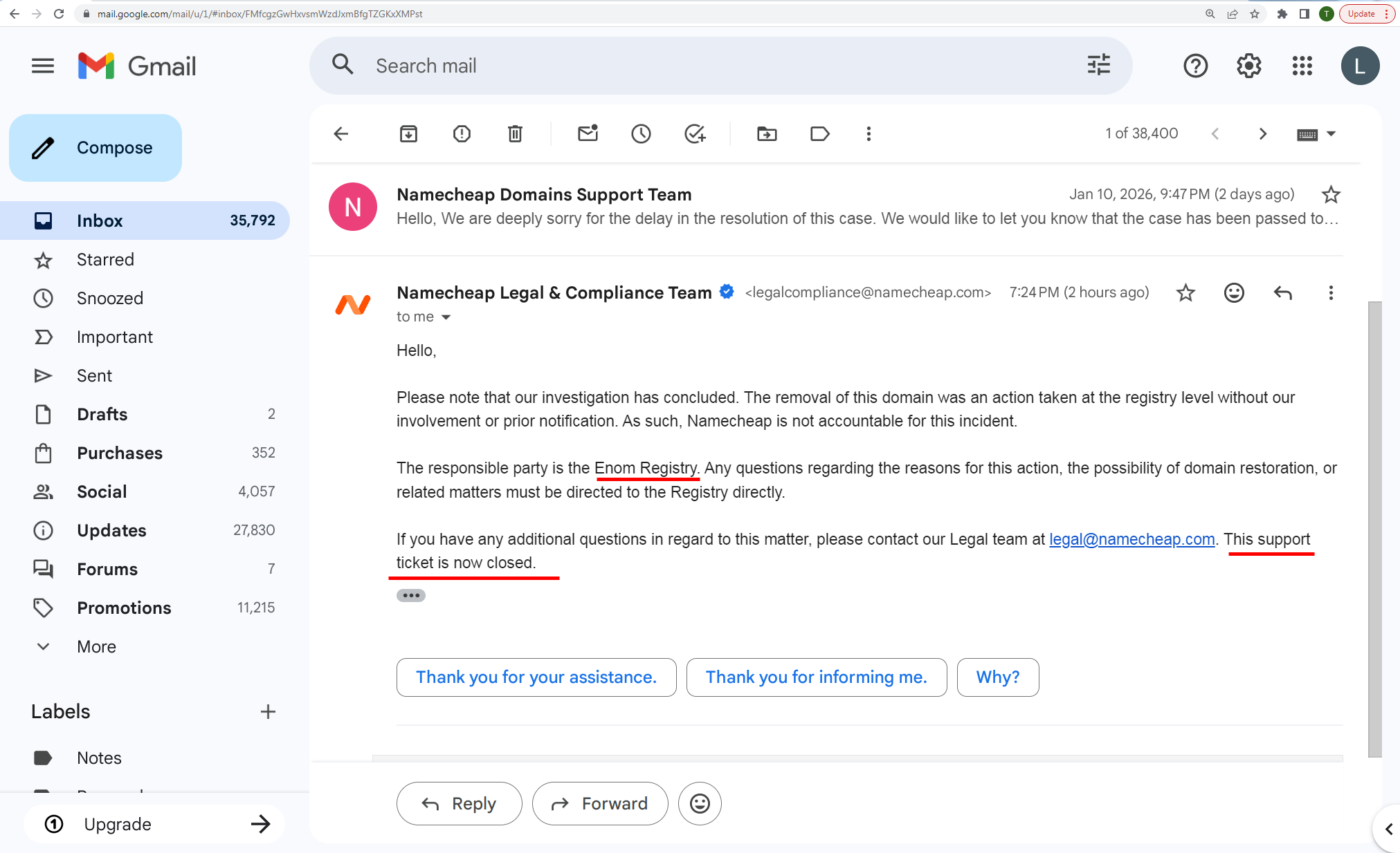 Namecheap Closed Support Ticket On 12 January 2026