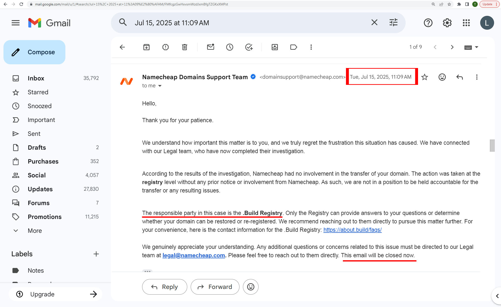 Namecheap Closed Support Ticket On 15 July 2025