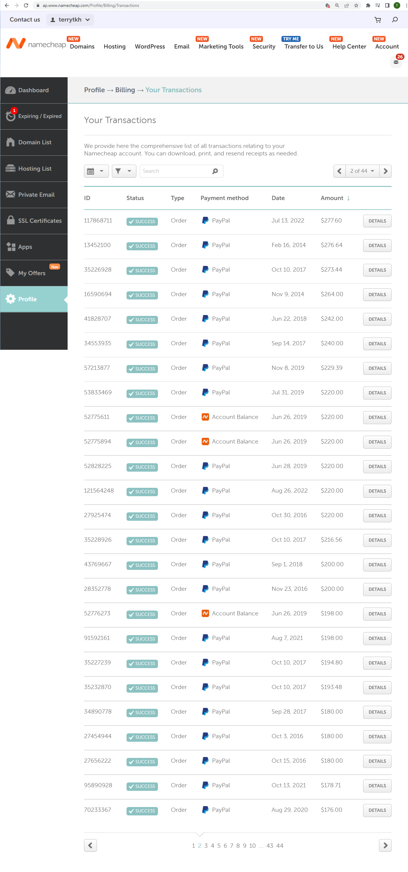A direct excerpt from my 44-page transaction history, showing the second page sorted from highest to lowest order value.