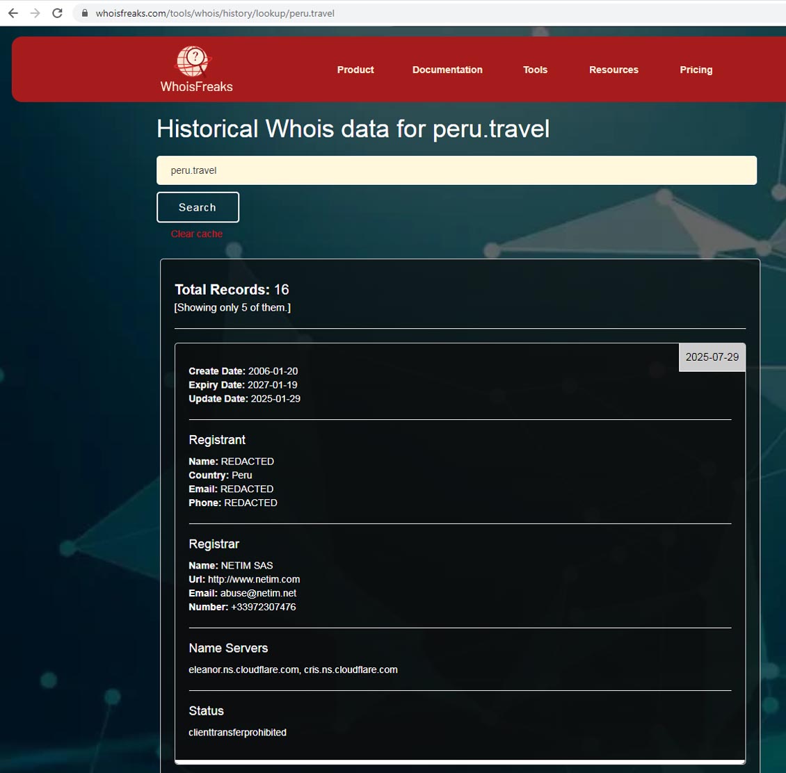 Historical Whois data for peru.travel
