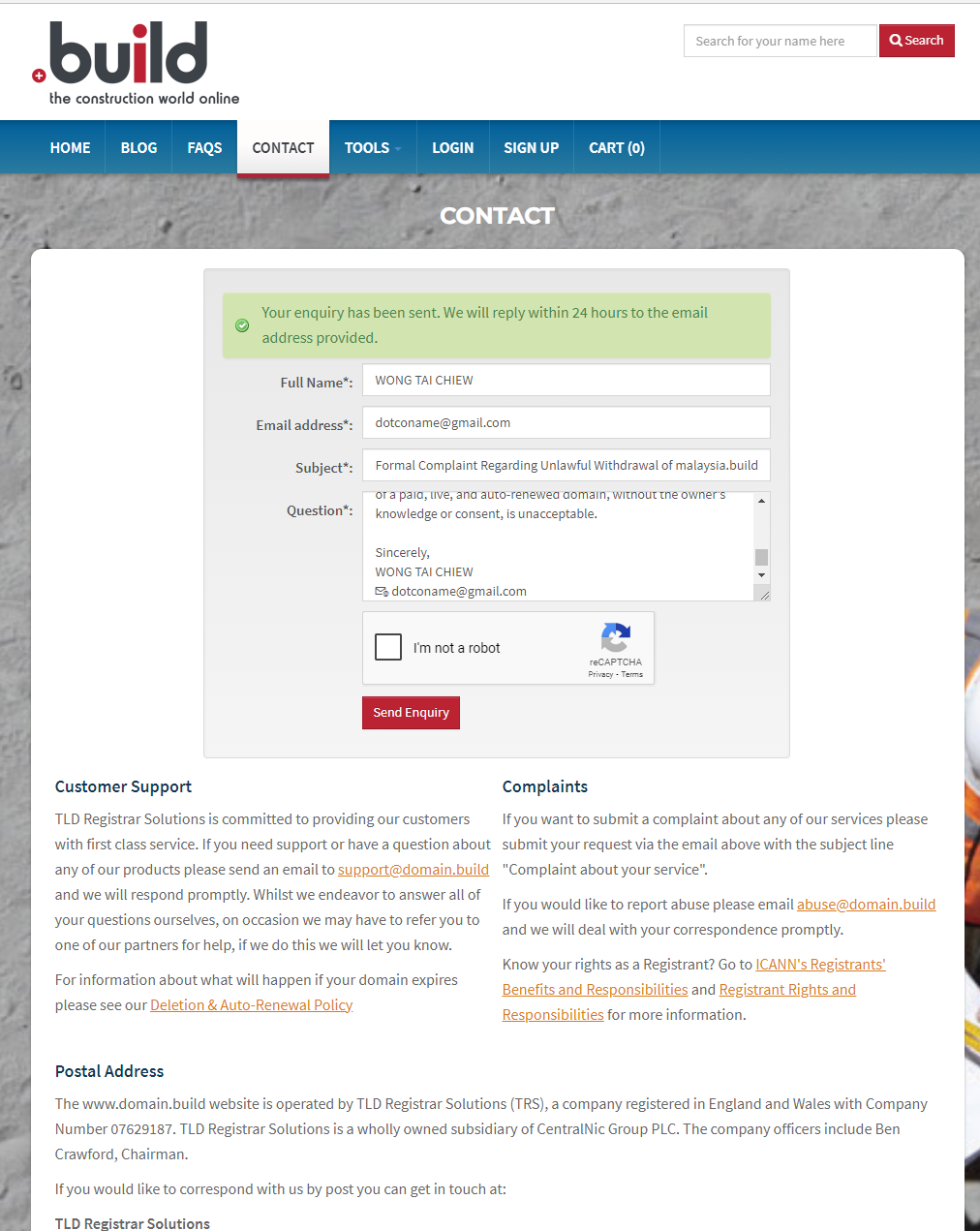 The .Build Registry Online Form Submission Confirmation