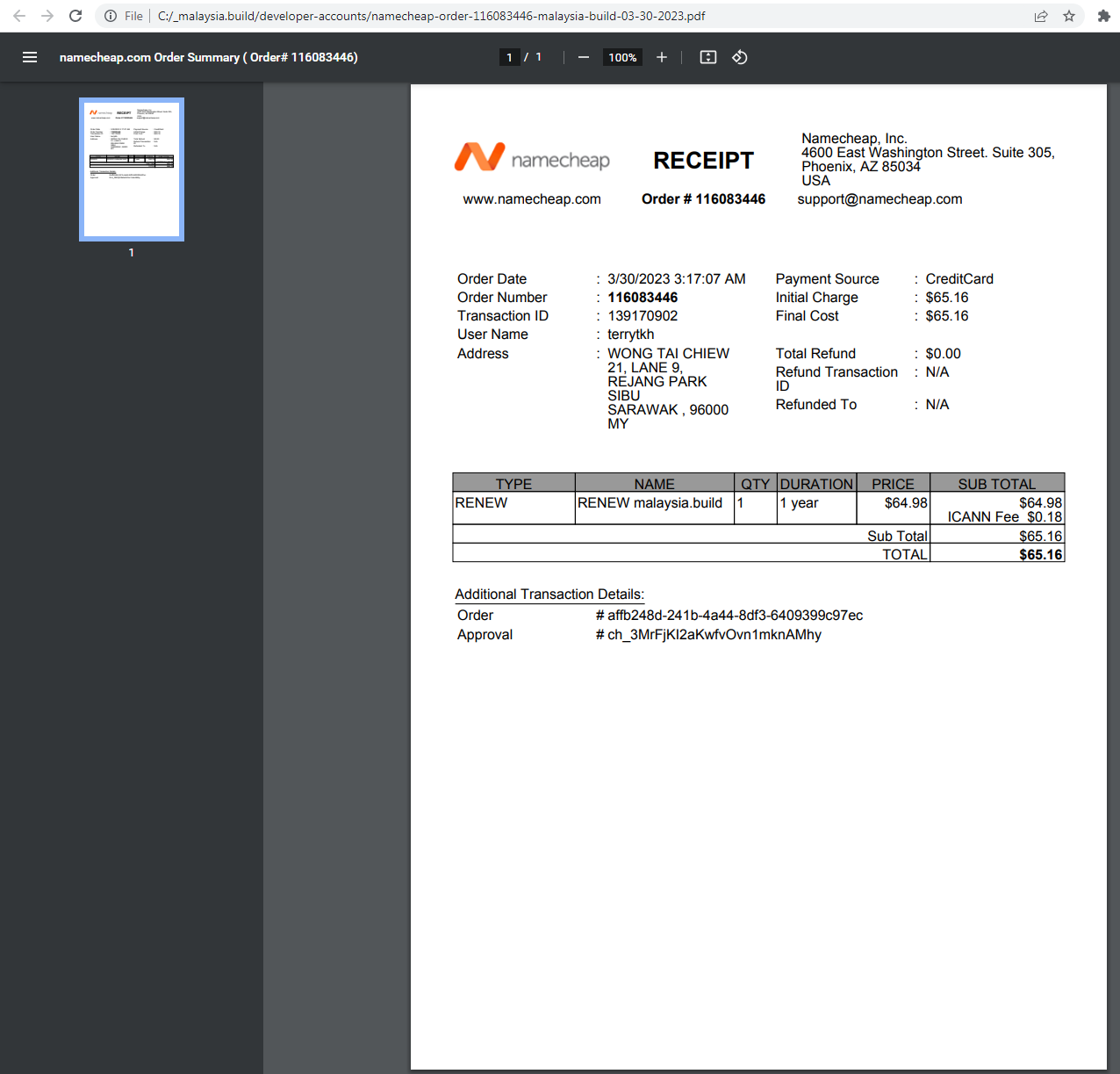 Malaysia.Build Renewal Receipt On March 30 2023