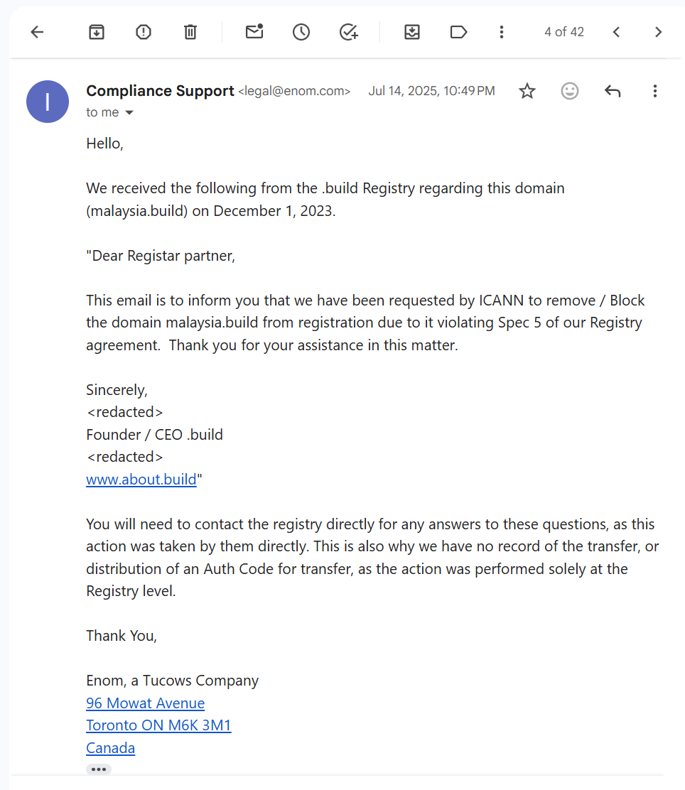 Email From Enom Jul 14, 2025